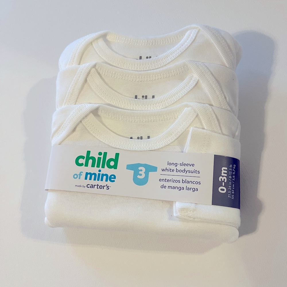 Child of Mine 3-pack Lon-Sleeve White One Piece Bodysuit Size 0-3 Months